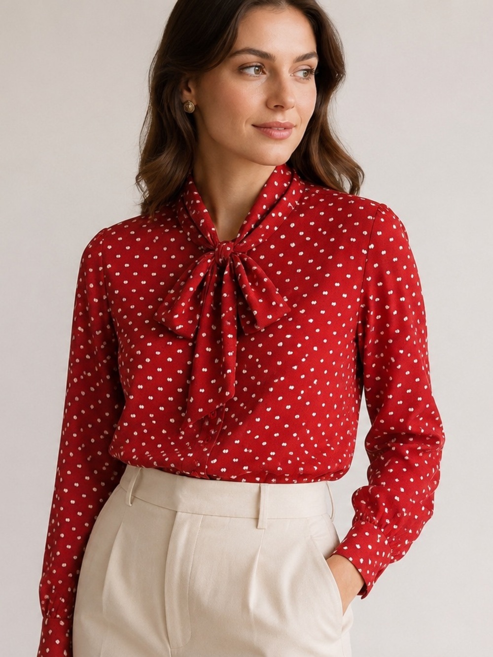 Vintage Halston III Red Print Bow Tie Blouse Petite 6 Secretary Top